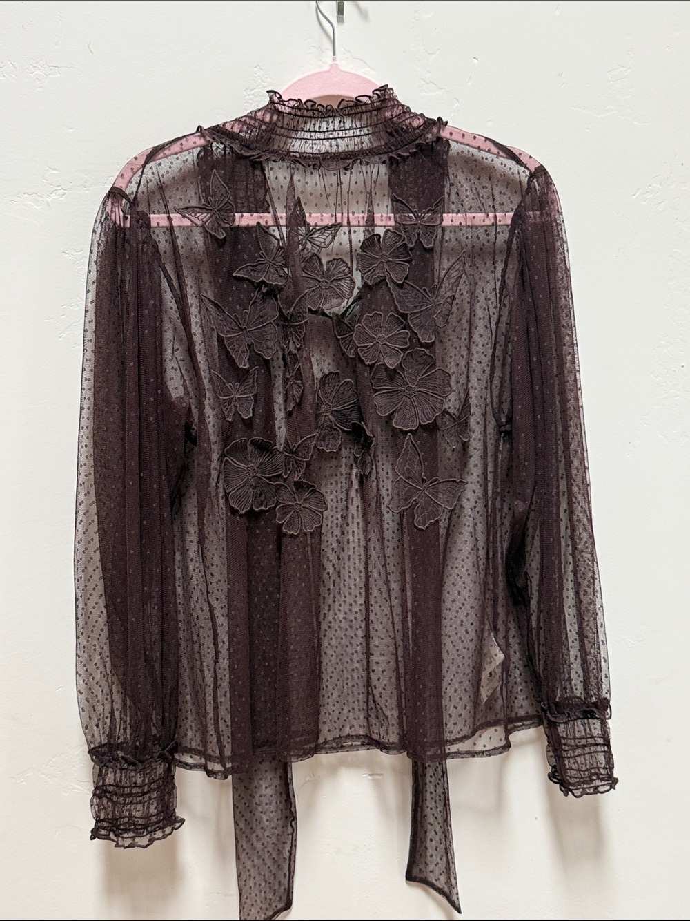 Anthropologie 3D Butterfly Sheer Embroidered/Appliqué Tie-Neck Blouse - Brown